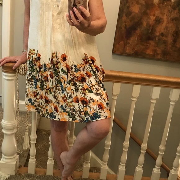 Pleated Floral Hem Sleeveless Shift Dress S - Picture 7 of 13